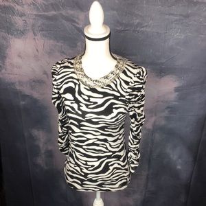 INC Long ruched sleeve zebra crew neck bling bead